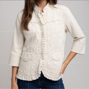DKNY Jeans Off White Embroidered Ruffle Cotton Blazer